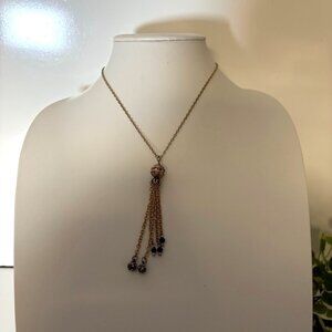 Gold-Tone Chain Tassel Pendant Necklace Black Bead Rhinestone Accents 17 inch